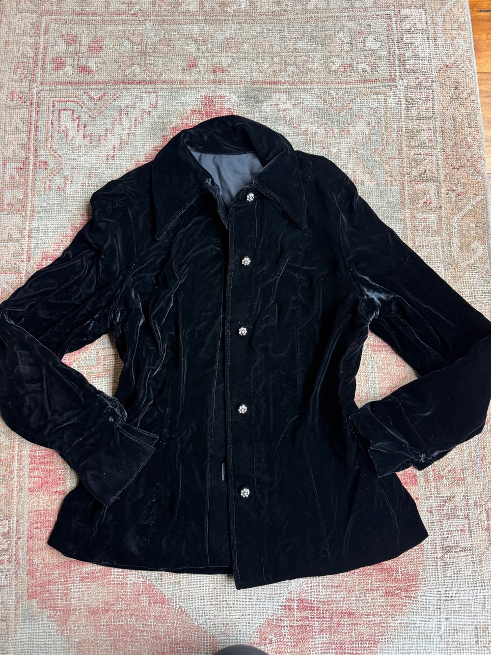 Vintage Black Velvet Button-Front Blouse with Crystal Buttons